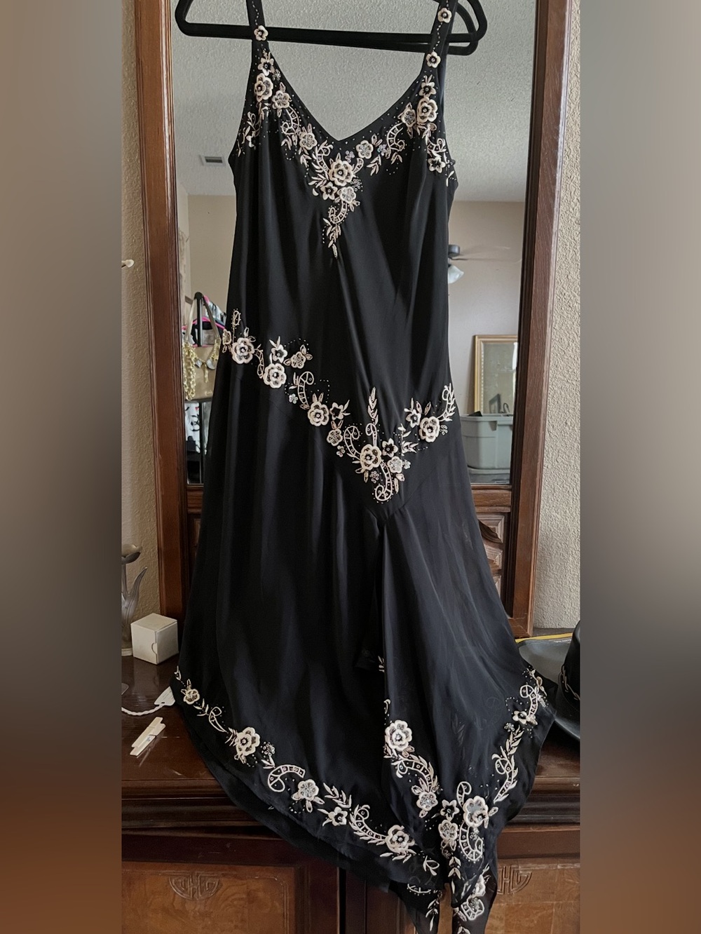 Vintage R&M Richards Black Slip Dress with White Floral Embroidery